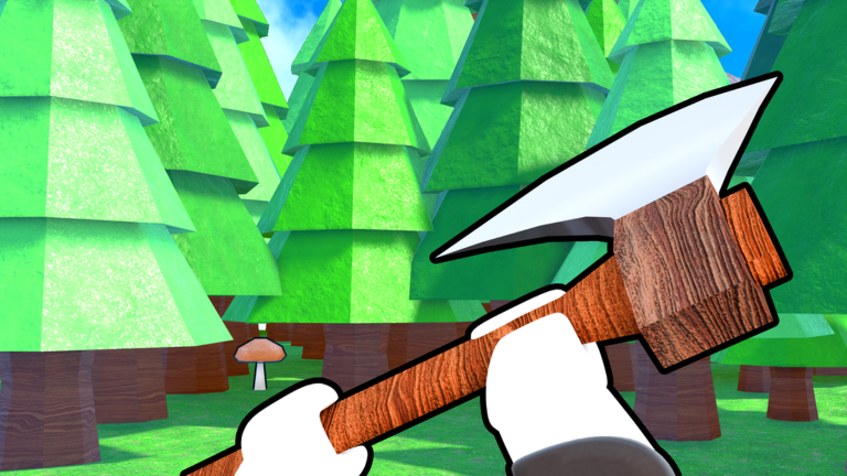 Official Roblox Axe RNG thumbnail showing a first-person axe in a bright forest